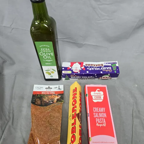 APPROXIMATELY 8 ASSORTED FOOD/DRINK PRODUCTS TO INCLUDE OLIVE OIL, BBQ MIX, DAIRY MILK BUTTONS ETC 