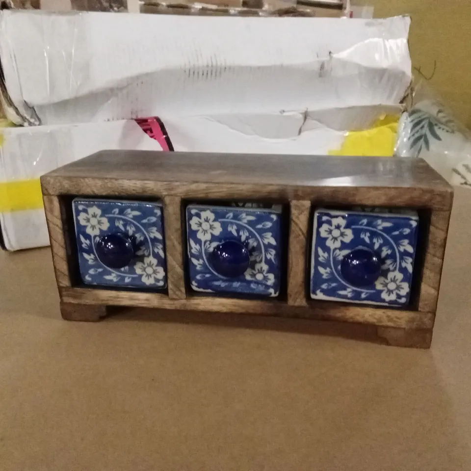 HAND PAINTED BLUE FLORAL TABLETOP SMALL 3 DRAWER CHEST
