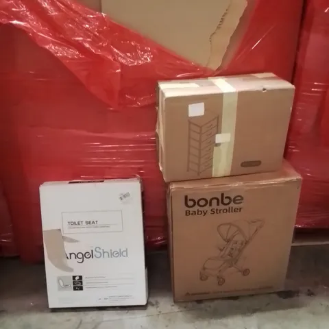 PALLET OF ASSORTED HOUSEHOLD GOODS AND PRODUCTS TO INCLUDE;TOILET SEAT,BABY STROLLER,SHOE DRAW