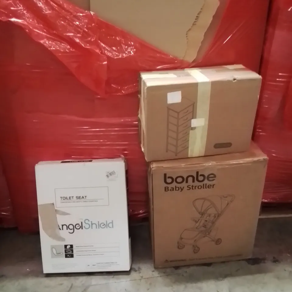 PALLET OF ASSORTED HOUSEHOLD GOODS AND PRODUCTS TO INCLUDE;TOILET SEAT,BABY STROLLER,SHOE DRAW
