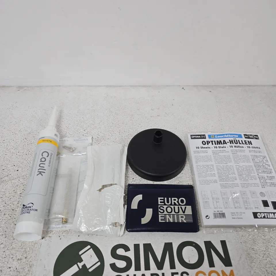 BOX OF APPROXIMATELY 25 ASSORTED ITEMS INCLUDING DULUX DECORATOR'S CAULK, LEUCHTTURM OPTIMA 2 C AND SOME BOOKMARKS