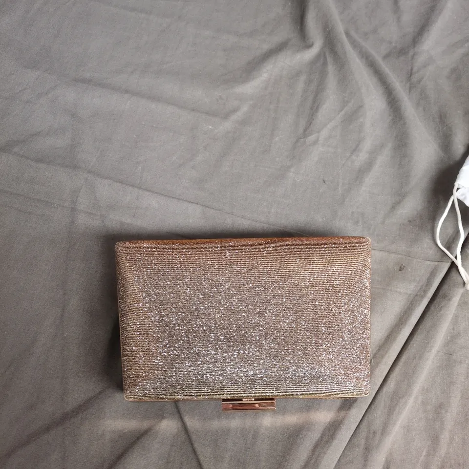 DUNE LONDON GLITTER CLUTCH BAG WITH CHAIN – ROSE GOLD