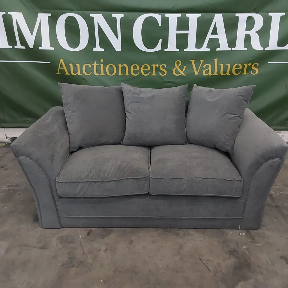 DESIGNER 2 SEATER GREY FABRIC UPHOLSTERED SOFA