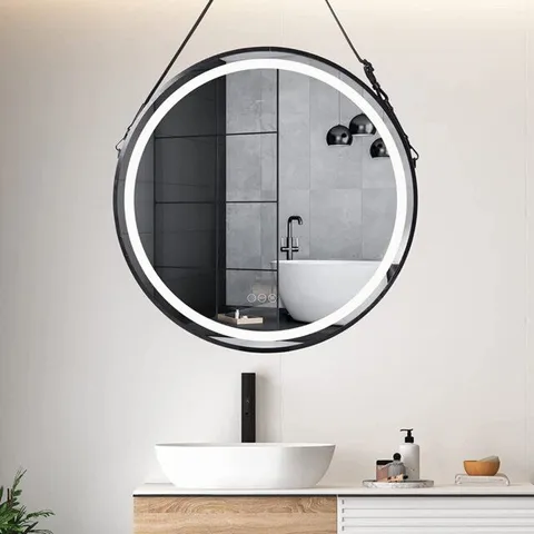 BOXED ROUND LED ILLUMINATED BATHROOM MIRROR FRAMED WITH HANGING BELT