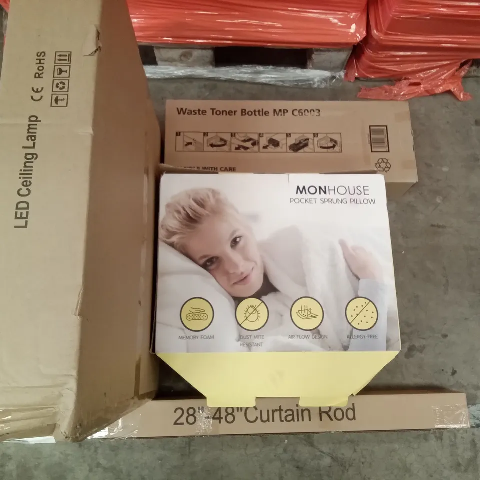 PALLET OF ASSORTED ITEMS INCLUDING 28"-48" CURTAIN ROD, MONHOUSE POCKET SPRUNG PILLOW, WASTE TONER BOTTLE, LED CEILING LAMP
