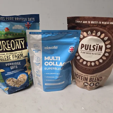 APPROXIMATELY 7 ASSORTED FOOD ITEMS TO INCLUDE - PULSIN VEGAN PROTEIN BLEND , ELAVATE MULTI COLLAGEN SUPERBLEND , PUREOATY PORRIDGE OATS ETC