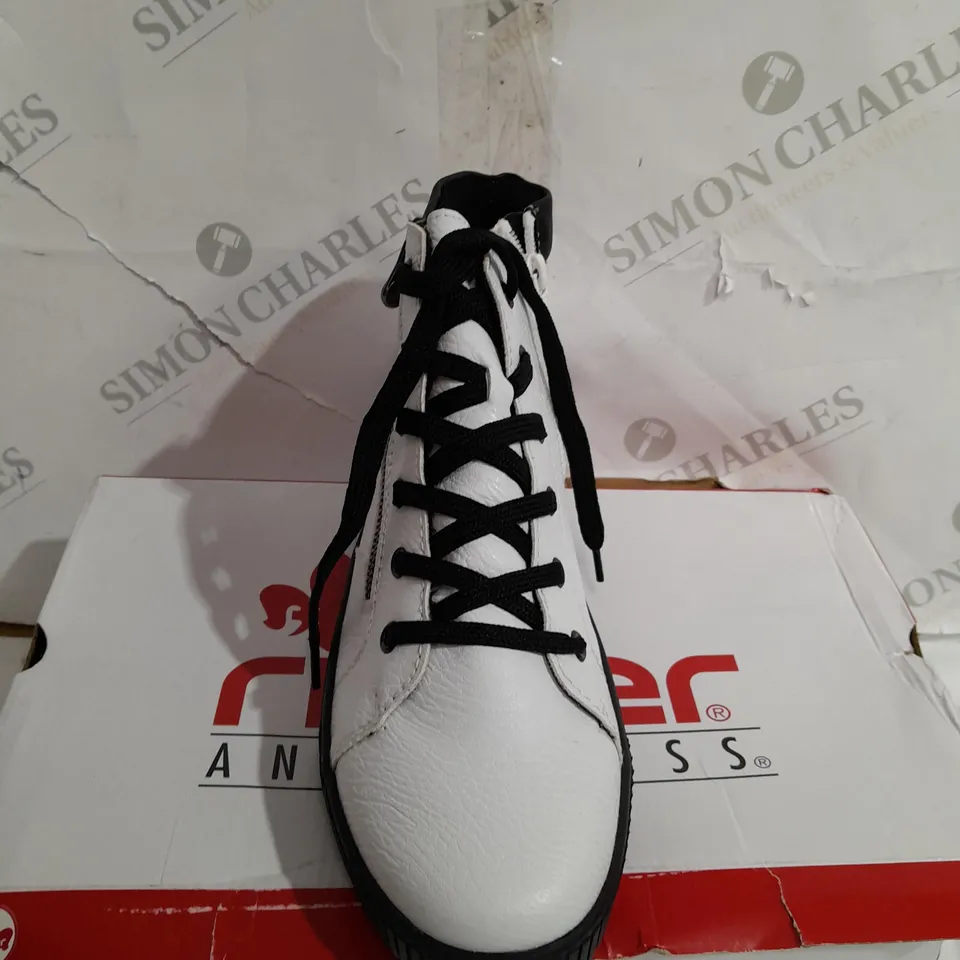 BOXED PAIR OF RIEKER HIGH TOP CUFFED TRAINERS WHITE SIZE 8