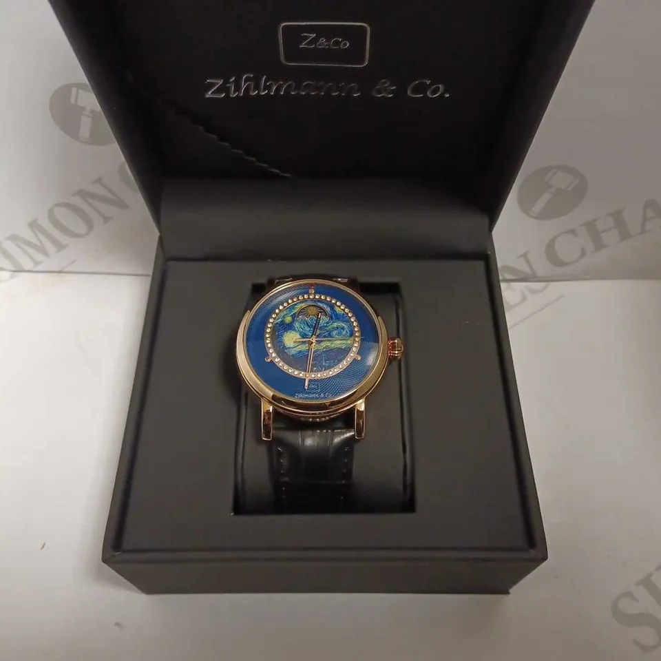 MENS ZIHLMANN & CO AUTOMATIC WATCH – Z150 – MOONPHASE DIAL – GLASS EXHIBITION BACKCASE - SILVER COLOUR CASE – BLACK LEATHER STRAP