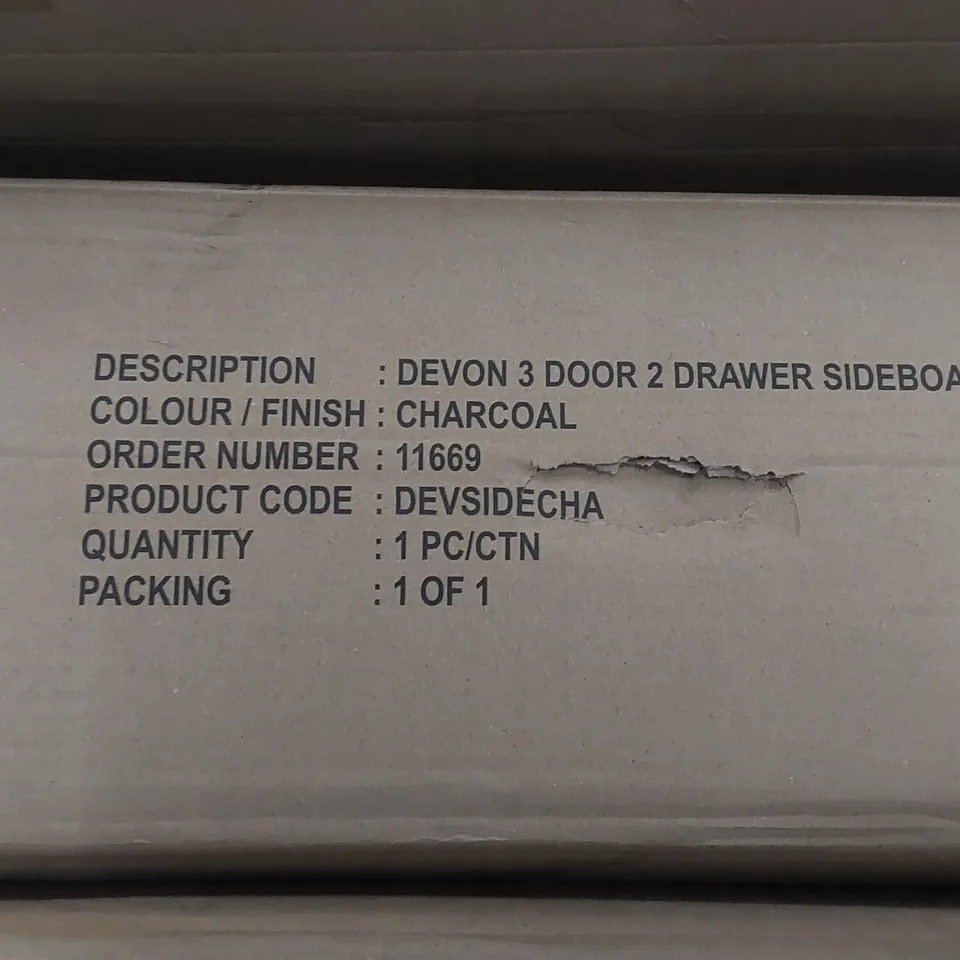 BOXED DEVON 3-DOOR 2-DRAWER SIDEBOARD - CHARCOAL (1 BOX)