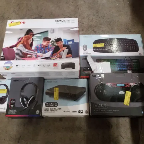 PALLET CONTAINING ASSORTED ELECTRICAL PRODUCTS INCLUDING CANON PIXMA TS3350 PRINTER, KEYBOARDS, HDMI DVD PLAYER WITH REMOTE, GAMING HEADSET & BLUETOOTH CD BOOMBOX 