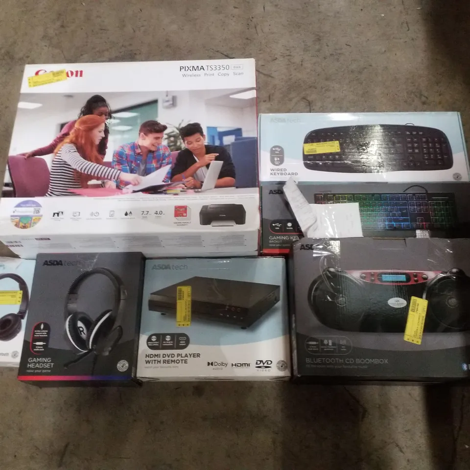PALLET CONTAINING ASSORTED ELECTRICAL PRODUCTS INCLUDING CANON PIXMA TS3350 PRINTER, KEYBOARDS, HDMI DVD PLAYER WITH REMOTE, GAMING HEADSET & BLUETOOTH CD BOOMBOX 