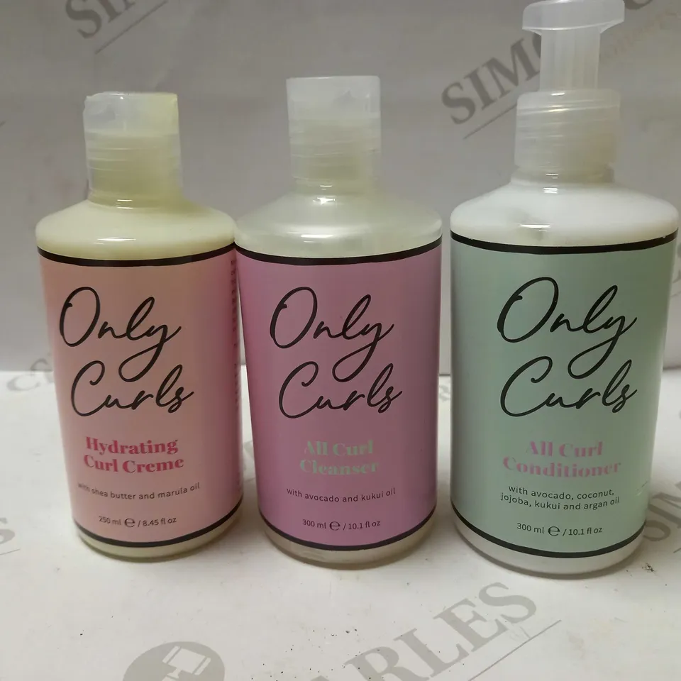 LOT OF 3 ASSORTED ONLY CURLS PRODUCTS TO INCLUDE CLEANER, CONDITIONER, CURL CREME