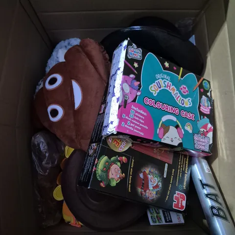 LARGE BOX OF ASSORTED TOYS AND GAMES TO INCLUDE TEDDIES, SQUISHMALLOWS AND JIGSAWS