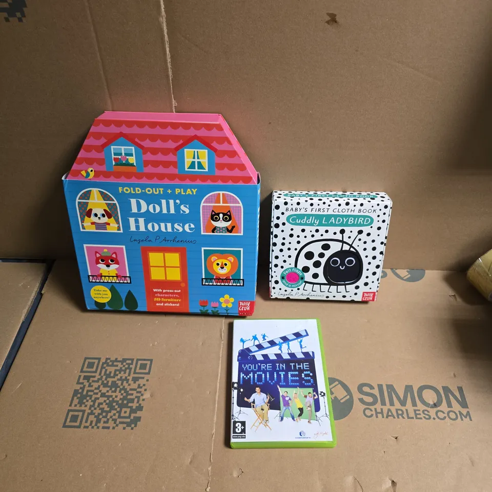 LARGE BOX OF APPROXIMATELY 20 ASSORTED TOYS AND GAMES TO INCLUDE FOLD OUT DOLL HOUSE, CUDDLY LADYBIRD. XBOX 360 YOU'RE IN THE MOVIES GAME ETC - COLLECTION ONLY 