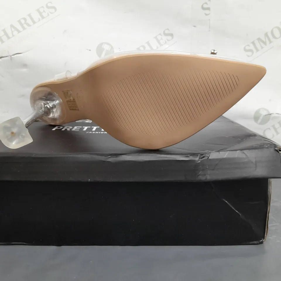 BOXED PAIR OF PRETTY LITTLE THING CLEAR POINTED TOE HEELS SIZE 7