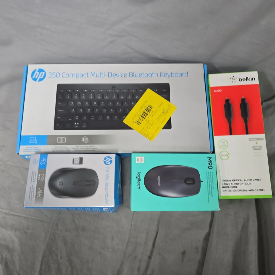 APPROXIMATELY 15 ASSORTED ELECTRICAL PRODUCTS TO INCLUDE HP MULTI DEVICE KEYBOARD, LOGITECH M90 MOUSE, BELKIN DIGITAL OPTICAL AUDIO CABLE, ETC