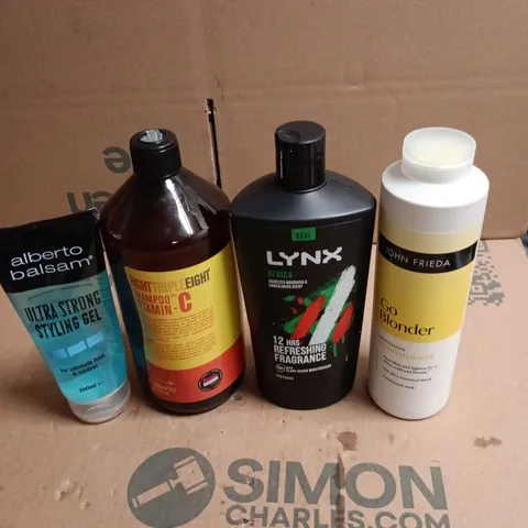 TOTE OF APPROXIMATELY 22 ASSORTED ITEMS TO INCLUDE JOHN FRIEDA GO BLONDER, LYNX, EIGHT TRIPLE EIGHT SHAMPOO VITAMIN C,  ALBERTO BALSAM STYLING GEL ETC