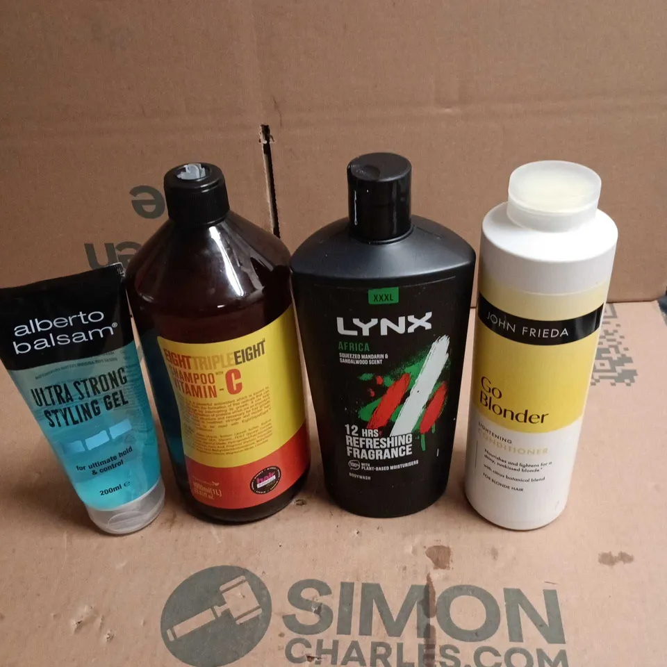 TOTE OF APPROXIMATELY 22 ASSORTED ITEMS TO INCLUDE JOHN FRIEDA GO BLONDER, LYNX, EIGHT TRIPLE EIGHT SHAMPOO VITAMIN C,  ALBERTO BALSAM STYLING GEL ETC