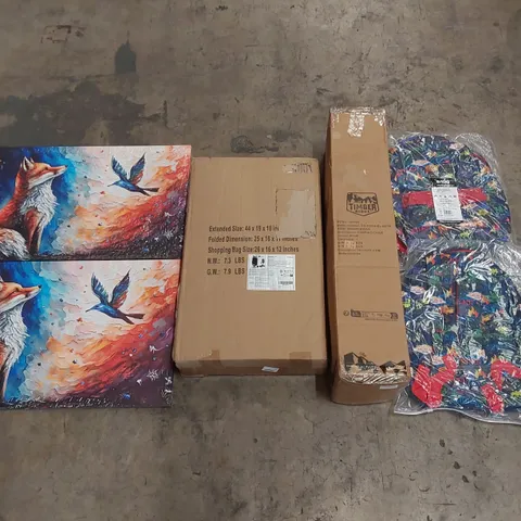 PALLET OF ASSORTED HOUSEHOLD GOODS AND PRODUCTS TO INCLUDE; CHILDREN'S BACKPACKS, ART CANVAS DECOR, CAMPING CHAIR, SHOPPING CART ETC