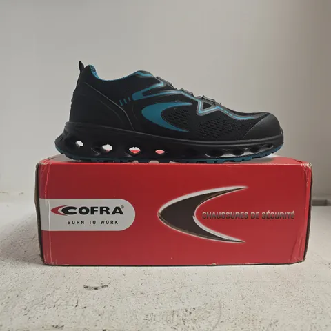 BOXED PAIR OF COFRA SAFETY TRAINERS IN BLACK/TEAL SIZE UK 6.5