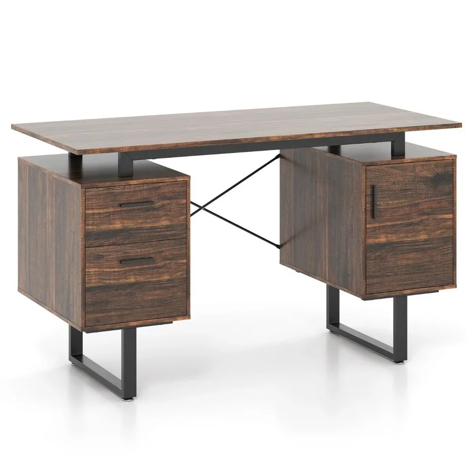 BOXED COMPUTER DESK WITH FLOATING DESKTOP AND DUAL DRAWERS-RUSTIC BROWN