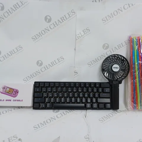 BOX OF APPROX 25 ASSORTED ITEMS TO INCLUDE - PLASTIC STRAWS - IWISH PORTABLE BLACK FAN - HANDHELD GAME CONSOLE ECT