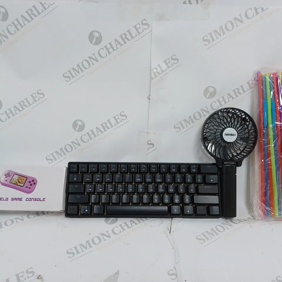 BOX OF APPROX 25 ASSORTED ITEMS TO INCLUDE - PLASTIC STRAWS - IWISH PORTABLE BLACK FAN - HANDHELD GAME CONSOLE ECT