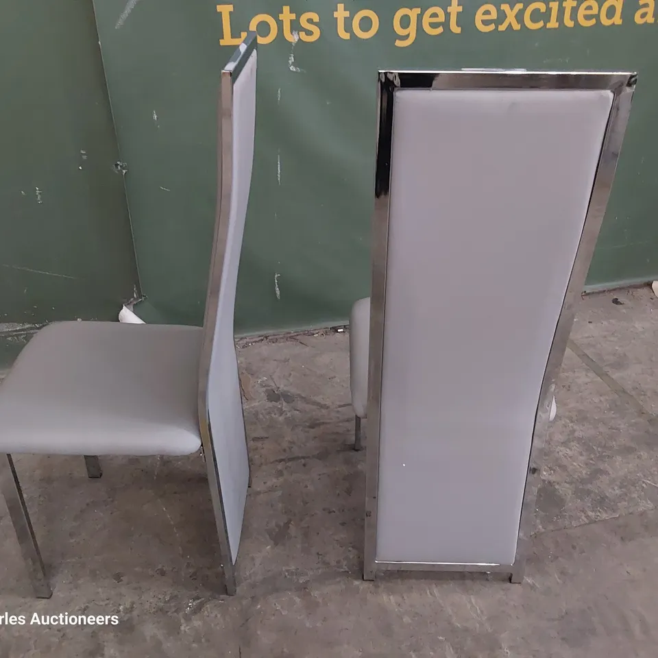 PAIR OF CHROME FRAMED HIGH BACK DINING CHAIRS UPHOLSTERED GREY PU