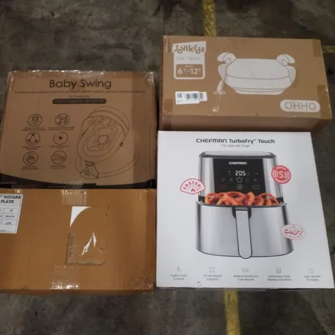PALLET CONTAINING ASSORTED PRODUCTS INCLUDING 7.5L AIR FRYER, BOOSTER SEAT, BABY SWING & 10" SQUARE PLATES