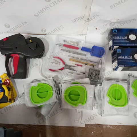 BOX OF A LARGE QUANTITY OF ASSORTED HOUSEHOLD ITEMS TO INCLUDELIBRE SENSE BIOSENSOR, MINI TOOL SET, MARKSMAAN TAPE MEASURE ETC