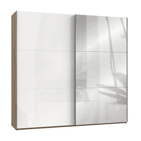BRAND NEW BOXED KRAZA MIRRORED SLIDING WIDE WARDROBE IN GLOSS WHITE AND PLANKED OAK (9 BOXES) THE 