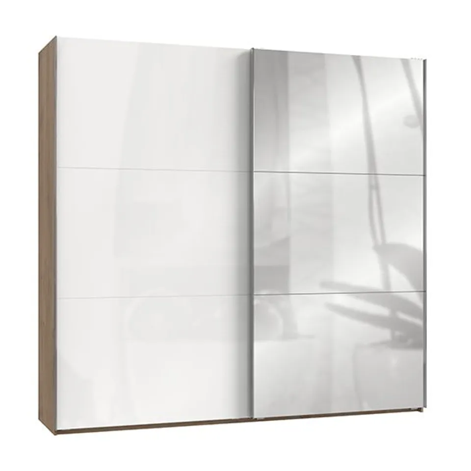 BRAND NEW BOXED KRAZA MIRRORED SLIDING WIDE WARDROBE IN GLOSS WHITE AND PLANKED OAK (9 BOXES) THE 