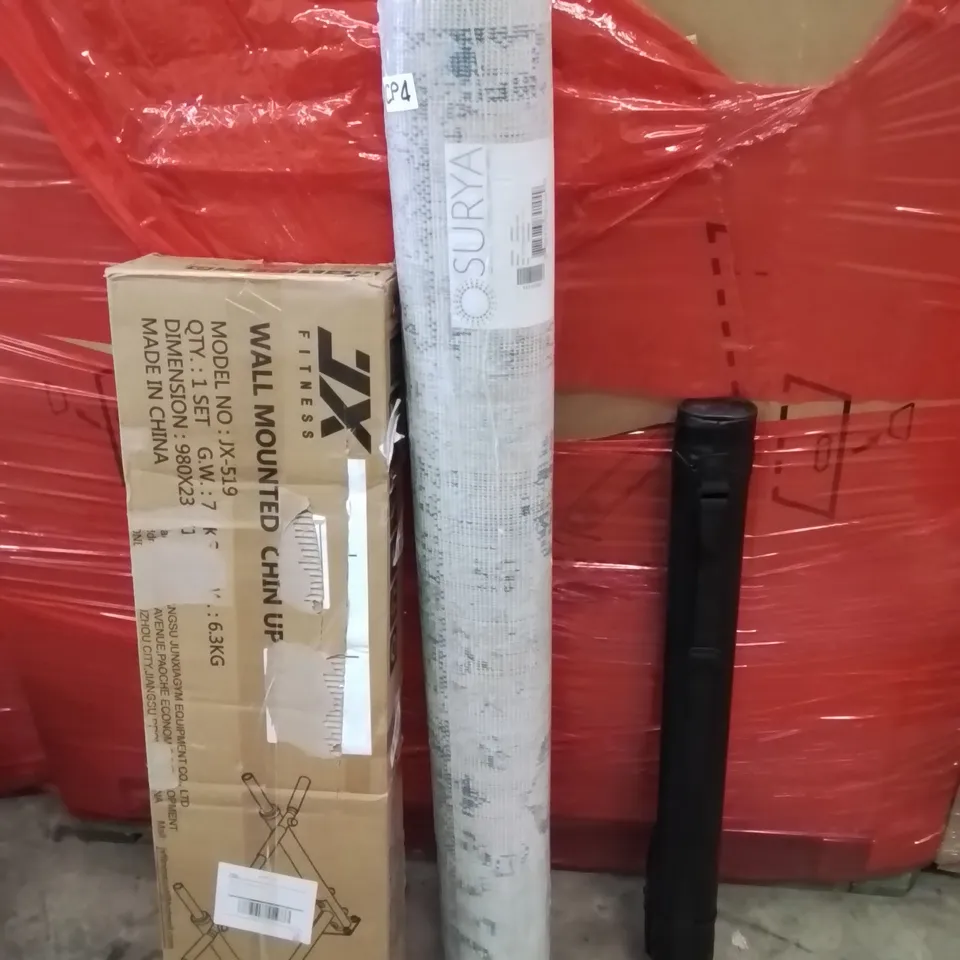 PALLET OF ASSORTED HOUSEHOLD GOODS AND PRODUCTS TO INCLUDE;POOL CUE,AREA RUG,WALL MOUNTED CHIN UP