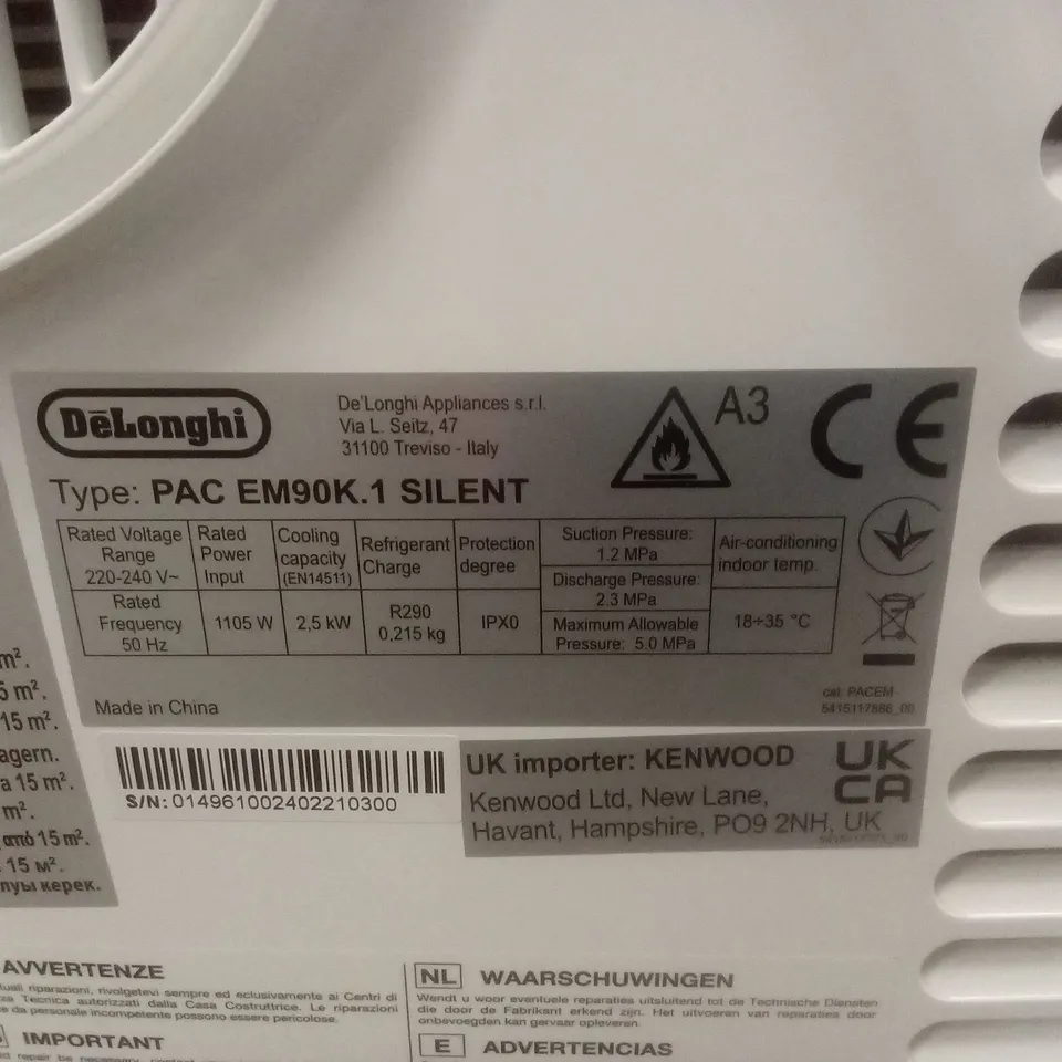 DE'LONGHI PAC EM90K.1 SILENT PORTABLE AIR CONDITIONER