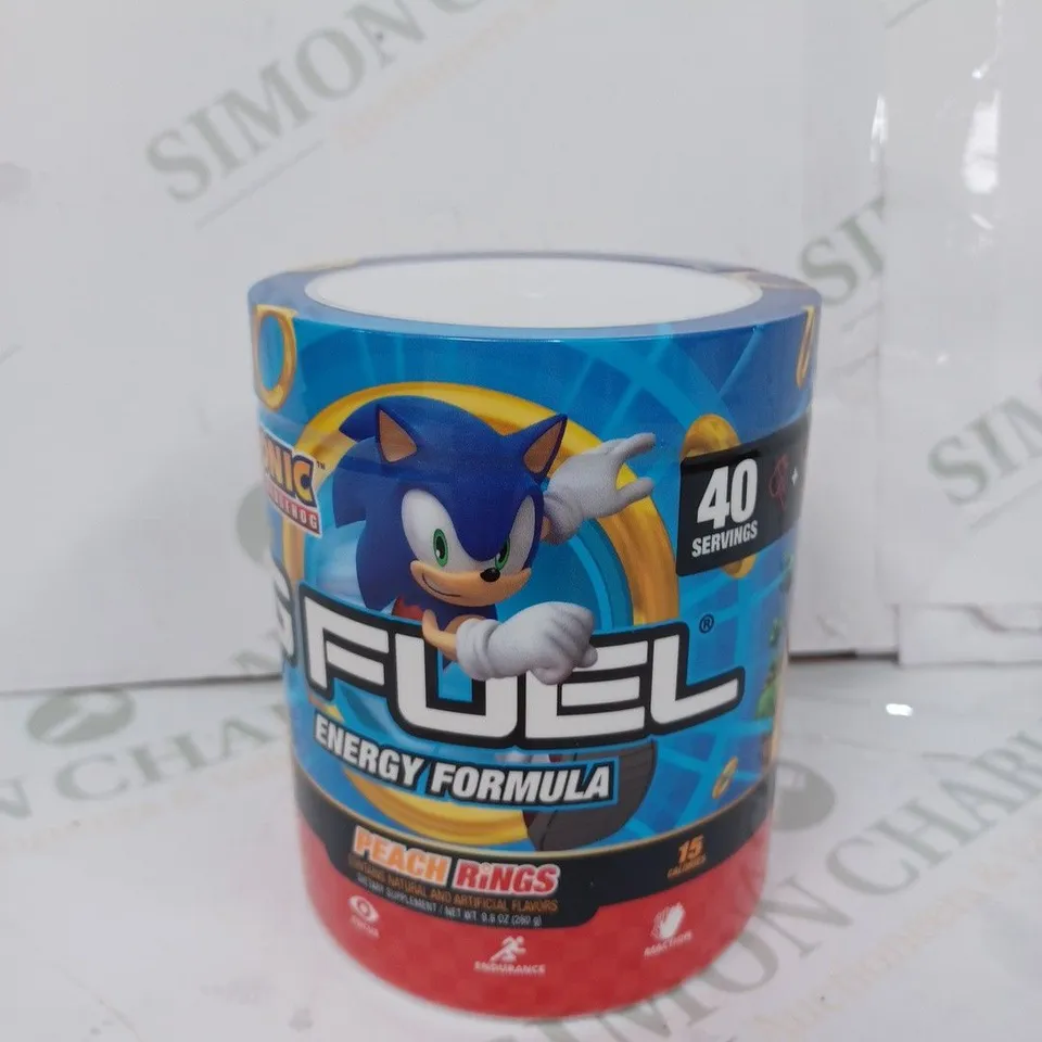 BOTTLE OF SONIC G-FUEL ENERGY FORMULA PEACH RINGS 280G // EXP 01/2026
