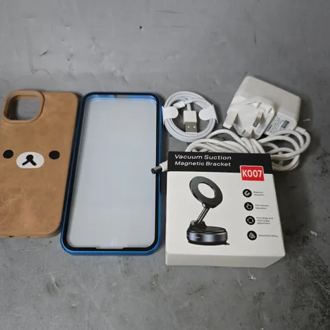 APPROXIMATELY 17 ASSORTED ITEMS TO INCLUDE - VACUUM SUCTION MAGNETIC BRACKET , LIGHTNING CABLE , PHONE CASES ETC
