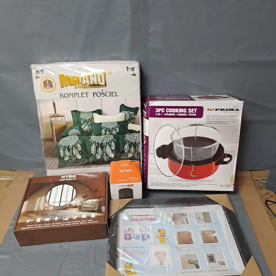 APPROXIMATELY 20 ASSORTED HOUSEHOLD ITEMS TO INCLUDE BEDDING, 3PC COOKING SET, FRAME, ETC - COLLECTION ONLY