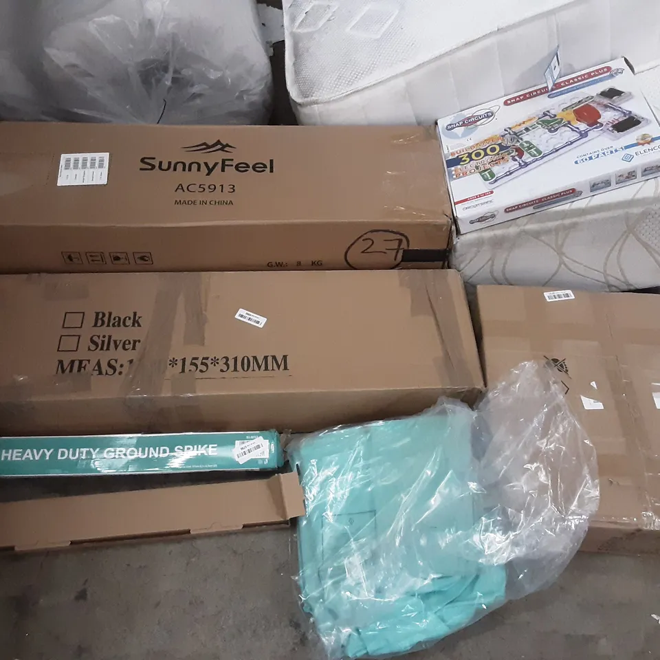 PALLET OF ASSORTED PRODUCTS INCLUDING SUNNYFEEL, HEAVY DUTY GROUND SPIKE, SNAP CIRCUITS, MASTER CANOPY COMPACT CANOPY, MOOLAN MULTI-FUNCTIONAL STEAM MOP