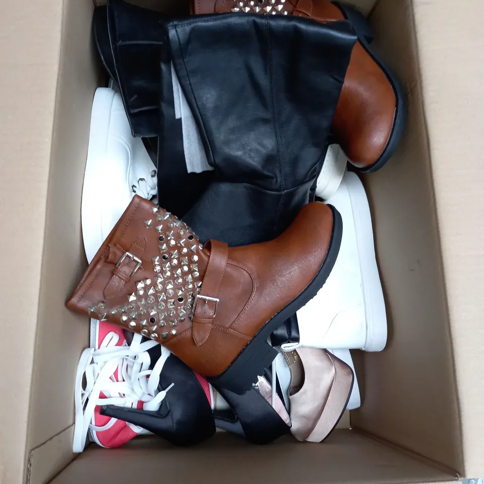 BOX OF APPROX 10 PAIRS OF ASSORTED WOMENS SHOES IN VARIOUS COLOURS, STYLES AND SIZES