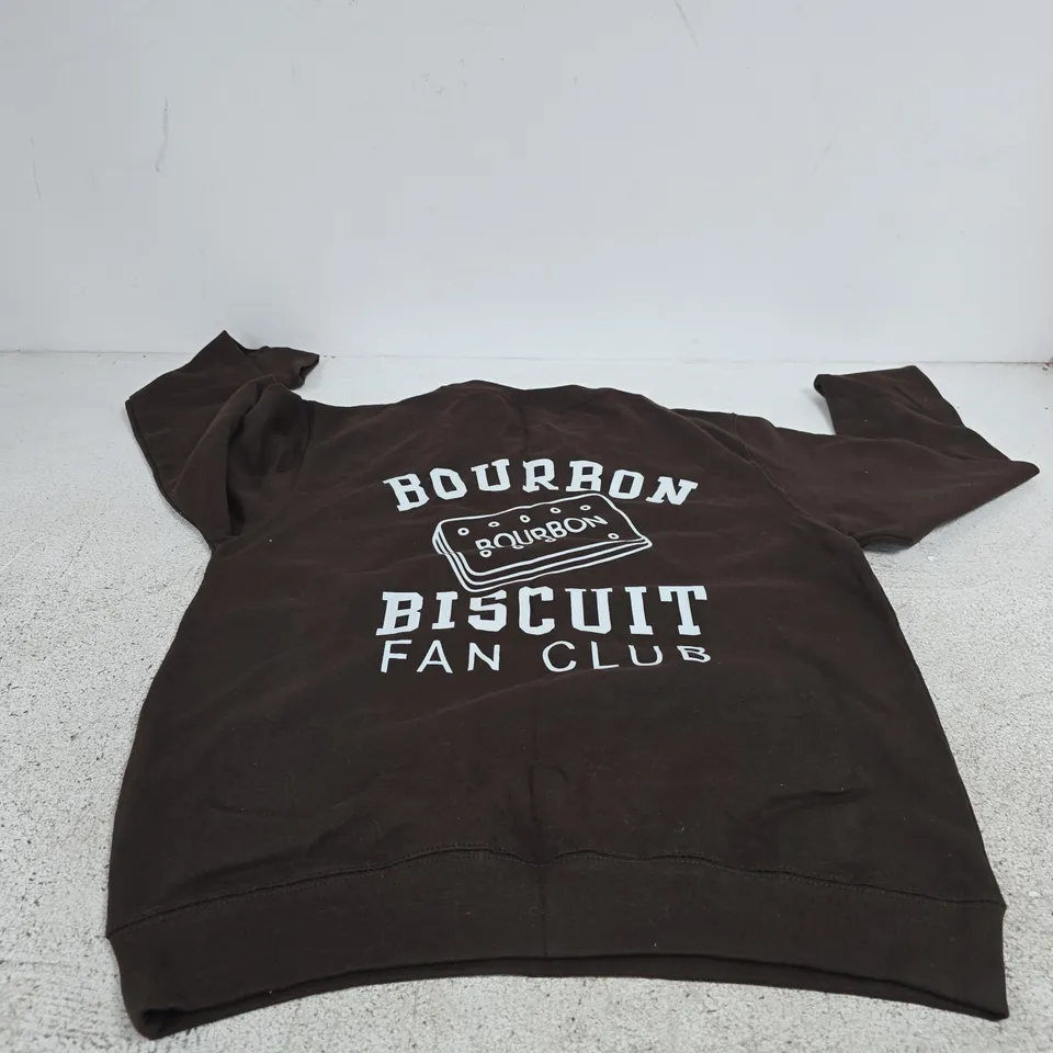 BOURBON BISCUIT FAN CLUB BROWN JUMPER MEDIUM ROCK ON RUBY "ONE OF A KIND"