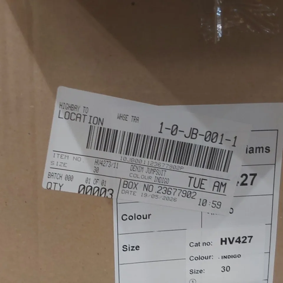BOX CONTAINING APPROXIMATELY 3x BRAND NEW JD WILLIAMS INDIGO DENIM JUMPSUITS - SIZE 30