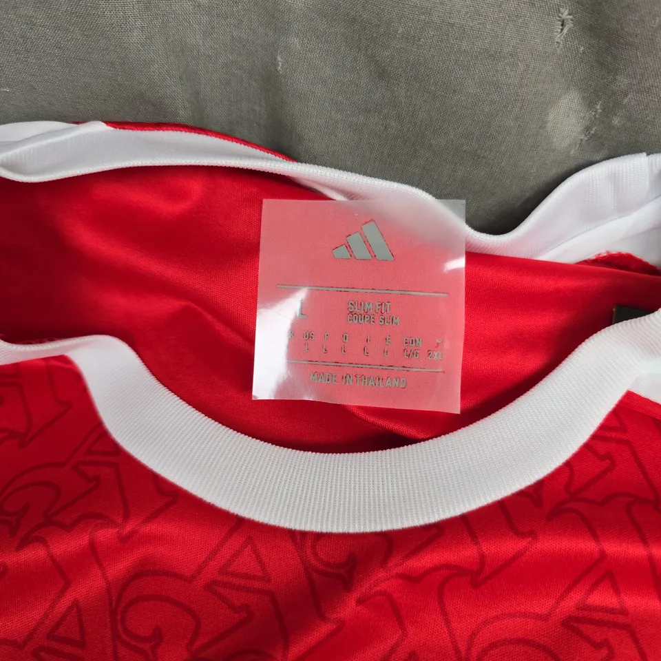ARSENAL FC HOME SHIRT – RED WITH WHITE SLEEVES, ADIDAS, EMIRATES FLY BETTER, SIZE L