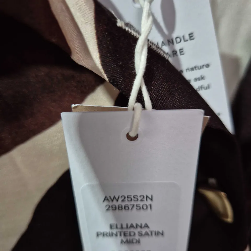 FOREVER NEW PRINTED SATIN DRESS – BROWN & CREAM ABSTRACT PATTERN, AUS 10 (UK SIZE UNCONFIRMED)