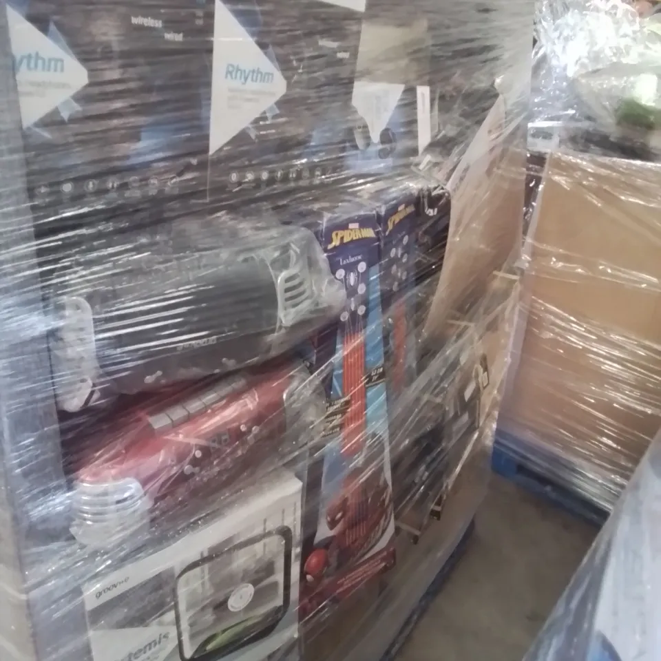 PALLET OF ASSORTED TOYS & GAMES, PRINTERS, MONITORS, INCLUDING, PAW PATROL GUITAR, BOOM BOX, BOOM BUDS, SPIDERMAN GUITAR, POWERMAN ROBOT. 