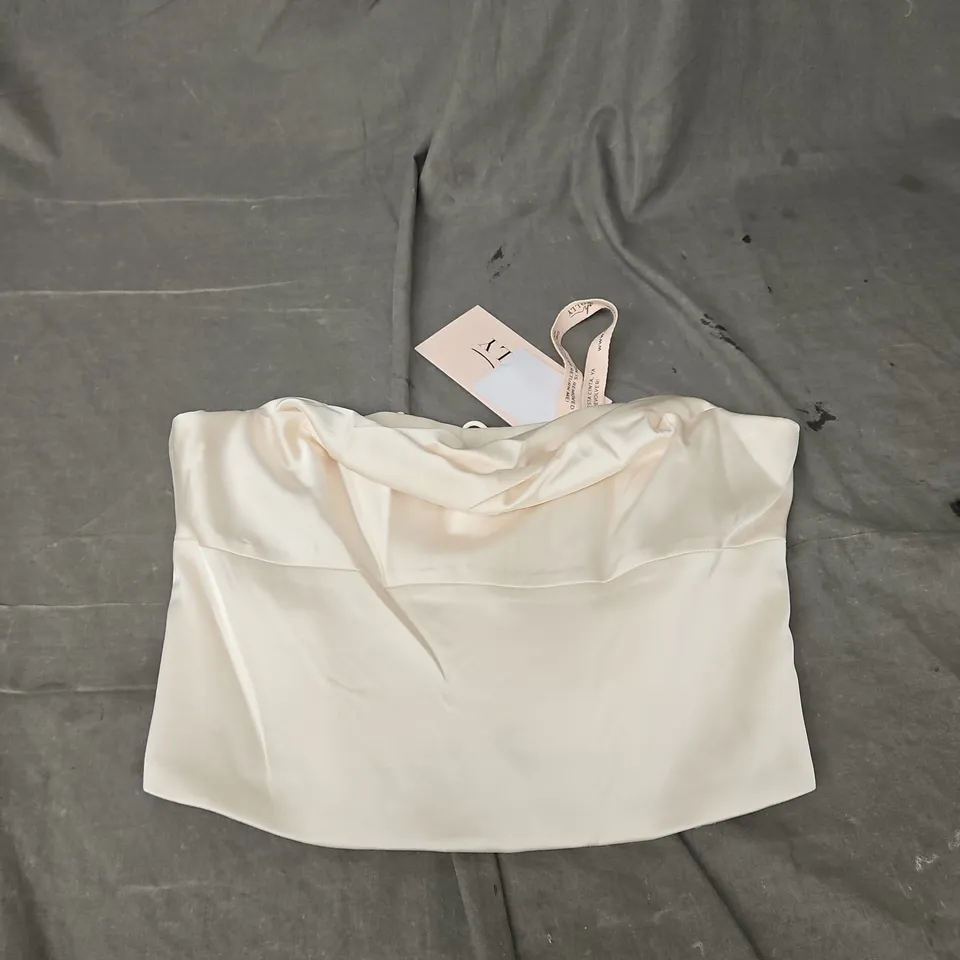 OH POLLY COWL FRONT STRAPLESS TOP IN IVORY SATIN SIZE 10
