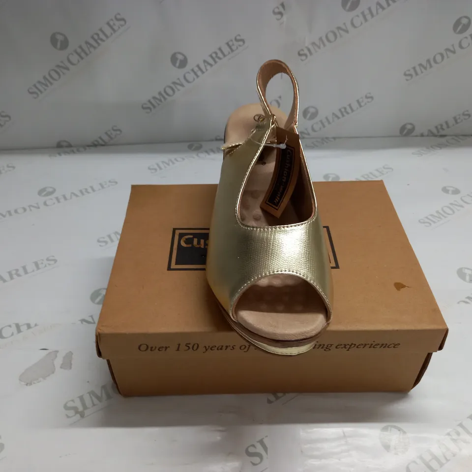 BOXED PAIR OF CUSHION WALK GOLD STRAPPY WEDGE HEELED SHOES - SIZE 7