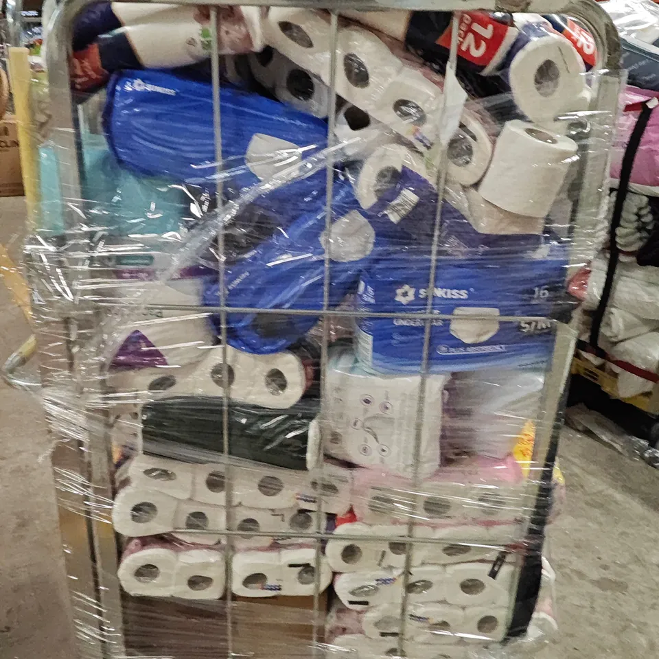 CAGE OF ASSORTED TOILET TISSUE AND ABSORBANCY PAD MULTI PACKS TO INCLUDE SOFTESSE AND ANDREX