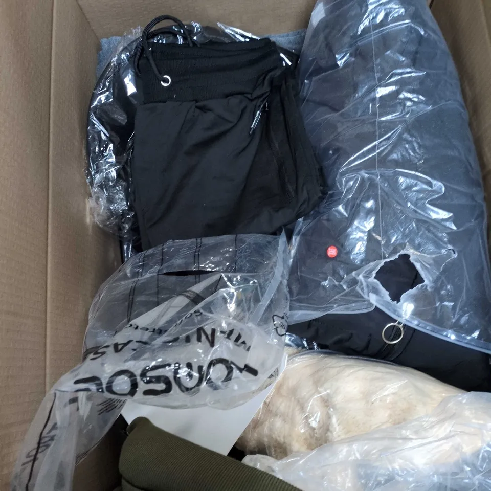 BOX OF APPROXIMATELY 15 ASSORTED CLOTHING ITEMS TO INCLUDE GLOVES, PLAID SHIRT, BLACK CASUAL TROUSERS, ZIP UP TOP ETC