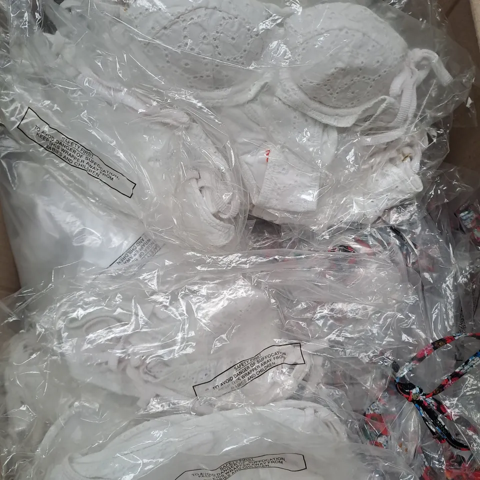 BOX OF APPROX 30 ASSORTED WHITE MESH BIKINIS - SIZES VARY 