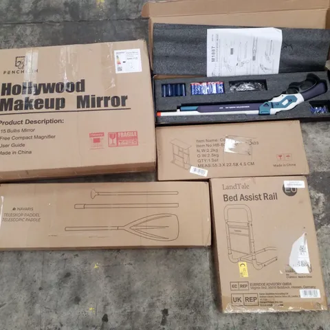 PALLET CONTAINING ASSORTED PRODUCTS INCLUDING HOLLYWOOD MAKEUP MIRROR, TELESCOPIC PADDLE, BED ASSIST RAIL, COFFEE TABLE & WINCHESTER MODEL TOY GUN